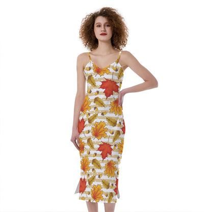 Maple And Oak Pattern Print Slim Fit Midi Cami Dress