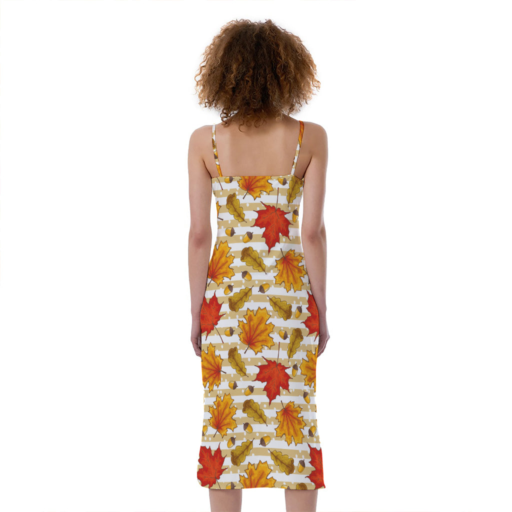 Maple And Oak Pattern Print Slim Fit Midi Cami Dress