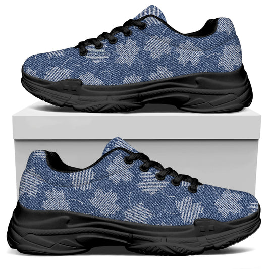 Maple Leaf Denim Jeans Pattern Print Black Chunky Shoes
