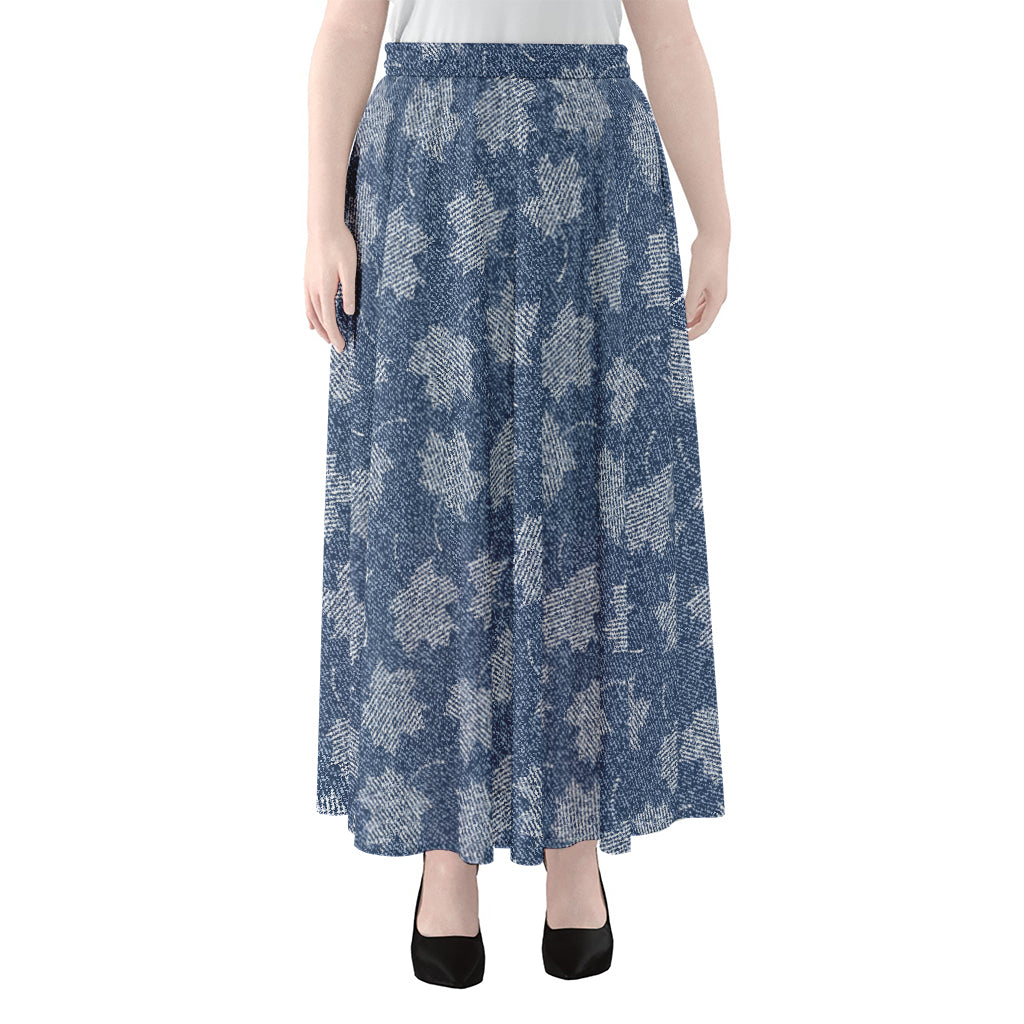 Maple Leaf Denim Jeans Pattern Print Chiffon Maxi Skirt
