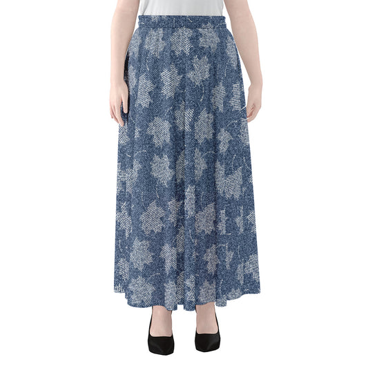 Maple Leaf Denim Jeans Pattern Print Chiffon Maxi Skirt