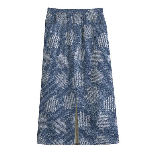 Maple Leaf Denim Jeans Pattern Print Cotton Front Slit Maxi Skirt