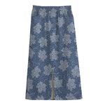 Maple Leaf Denim Jeans Pattern Print Cotton Front Slit Maxi Skirt