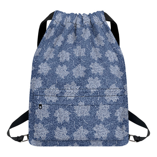 Maple Leaf Denim Jeans Pattern Print Drawstring Backpack