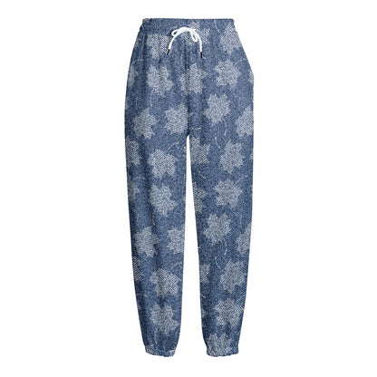 Maple Leaf Denim Jeans Pattern Print Fleece Lined Knit Pants