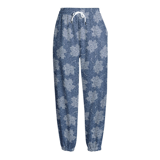 Maple Leaf Denim Jeans Pattern Print Fleece Lined Knit Pants