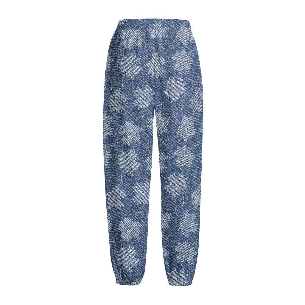 Maple Leaf Denim Jeans Pattern Print Fleece Lined Knit Pants