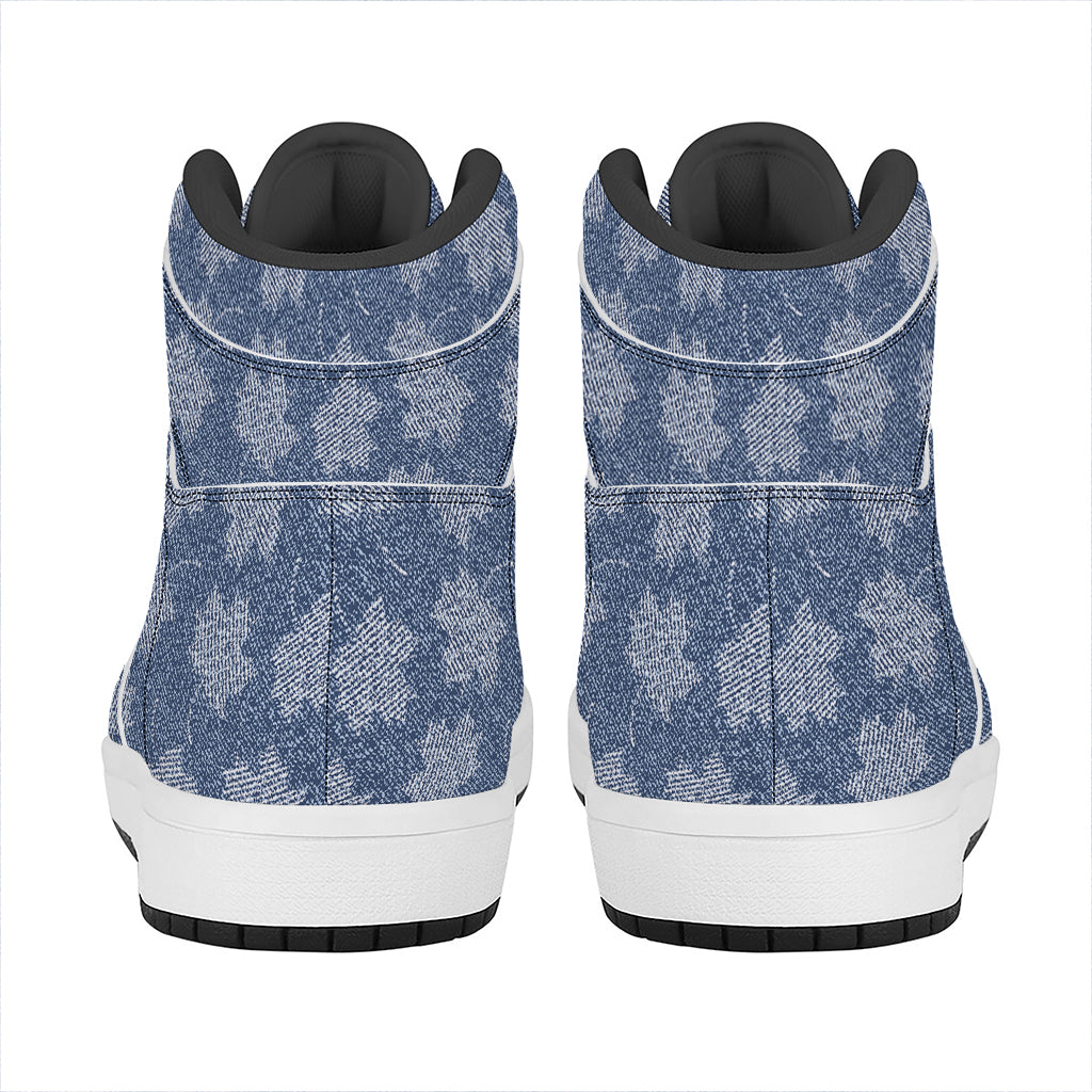 Maple Leaf Denim Jeans Pattern Print High Top Leather Sneakers
