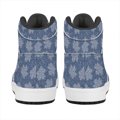 Maple Leaf Denim Jeans Pattern Print High Top Leather Sneakers