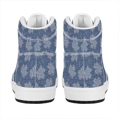 Maple Leaf Denim Jeans Pattern Print High Top Leather Sneakers