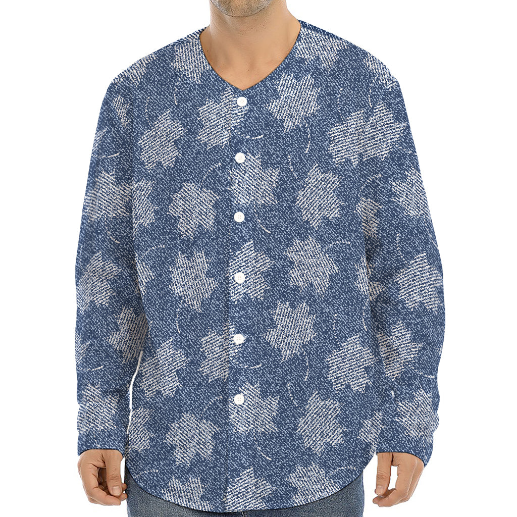 Maple Leaf Denim Jeans Pattern Print Long Sleeve Baseball Jersey