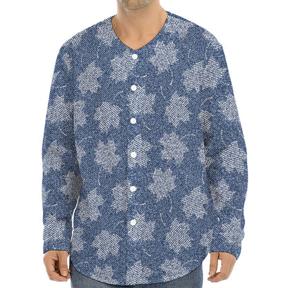 Maple Leaf Denim Jeans Pattern Print Long Sleeve Baseball Jersey
