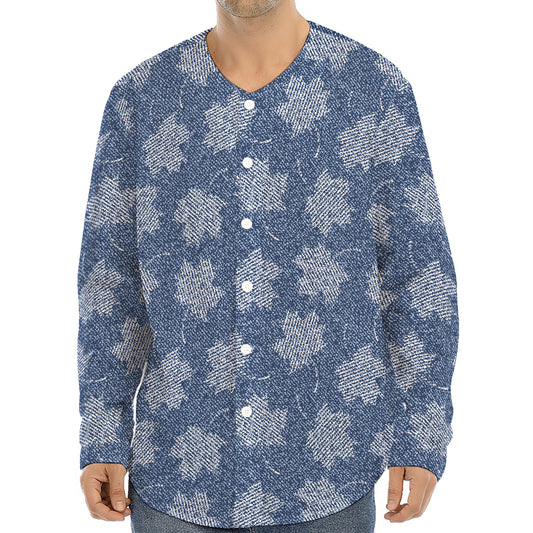 Maple Leaf Denim Jeans Pattern Print Long Sleeve Baseball Jersey