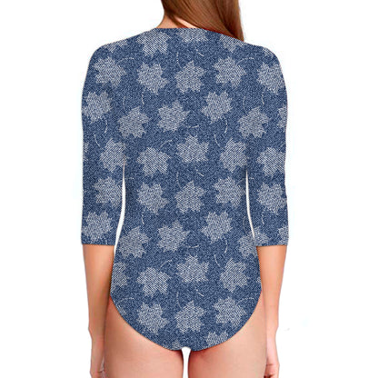 Maple Leaf Denim Jeans Pattern Print Long Sleeve Swimsuit