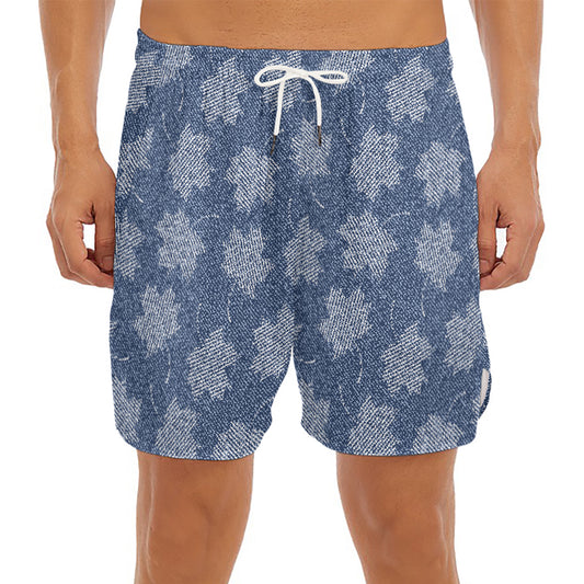 Maple Leaf Denim Jeans Pattern Print Men's Split Running Shorts