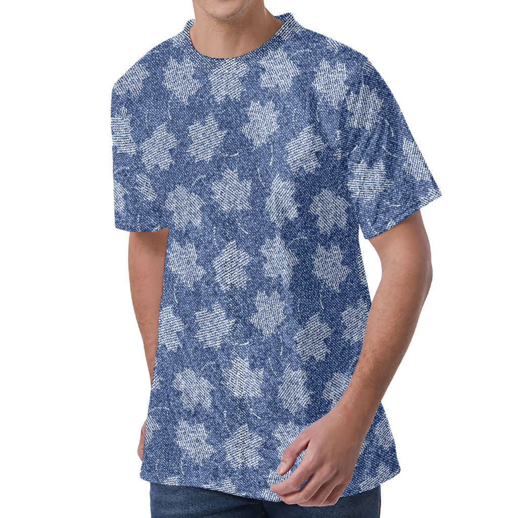Maple Leaf Denim Jeans Pattern Print Men's Velvet T-Shirt