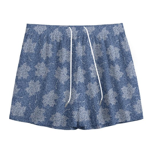 Maple Leaf Denim Jeans Pattern Print Mesh Shorts