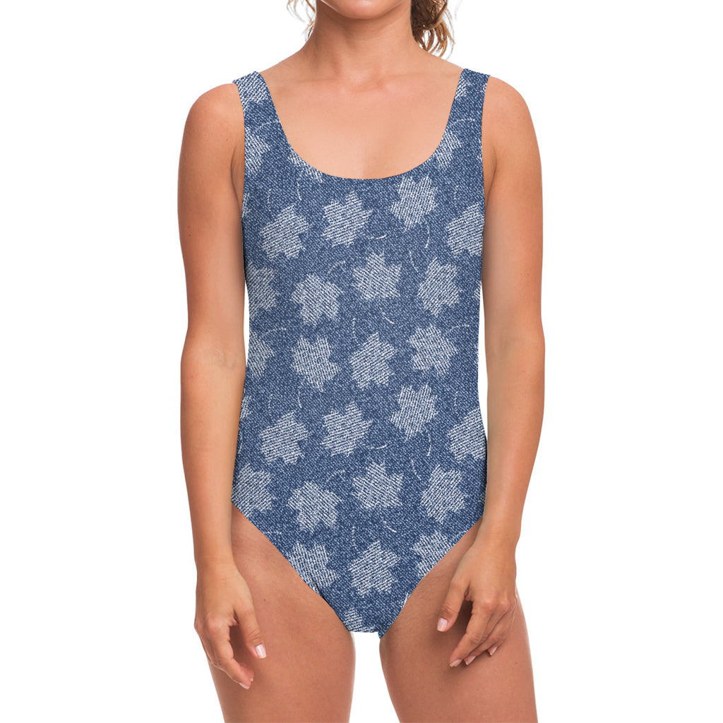 Maple Leaf Denim Jeans Pattern Print One Piece Swimsuit