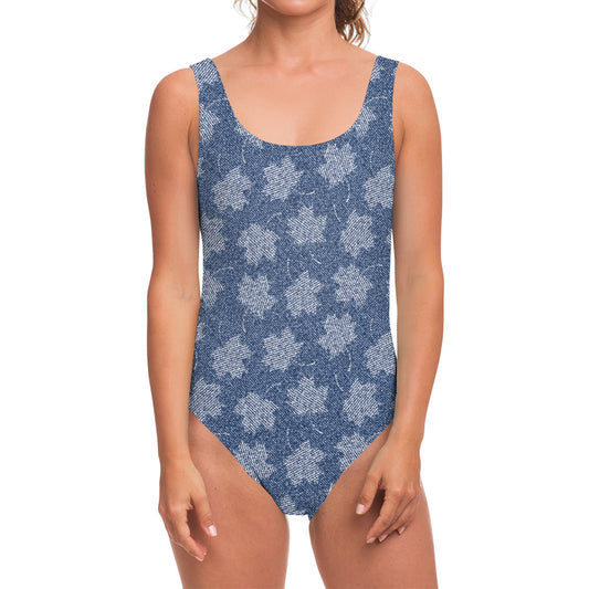 Maple Leaf Denim Jeans Pattern Print One Piece Swimsuit