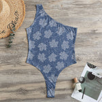 Maple Leaf Denim Jeans Pattern Print One Shoulder Bodysuit