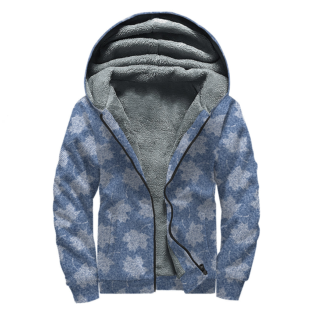 Maple Leaf Denim Jeans Pattern Print Sherpa Lined Zip Up Hoodie