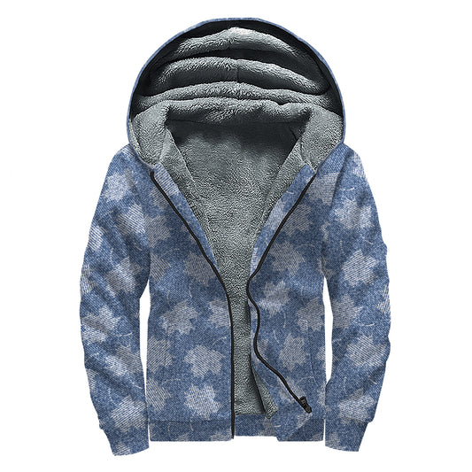 Maple Leaf Denim Jeans Pattern Print Sherpa Lined Zip Up Hoodie