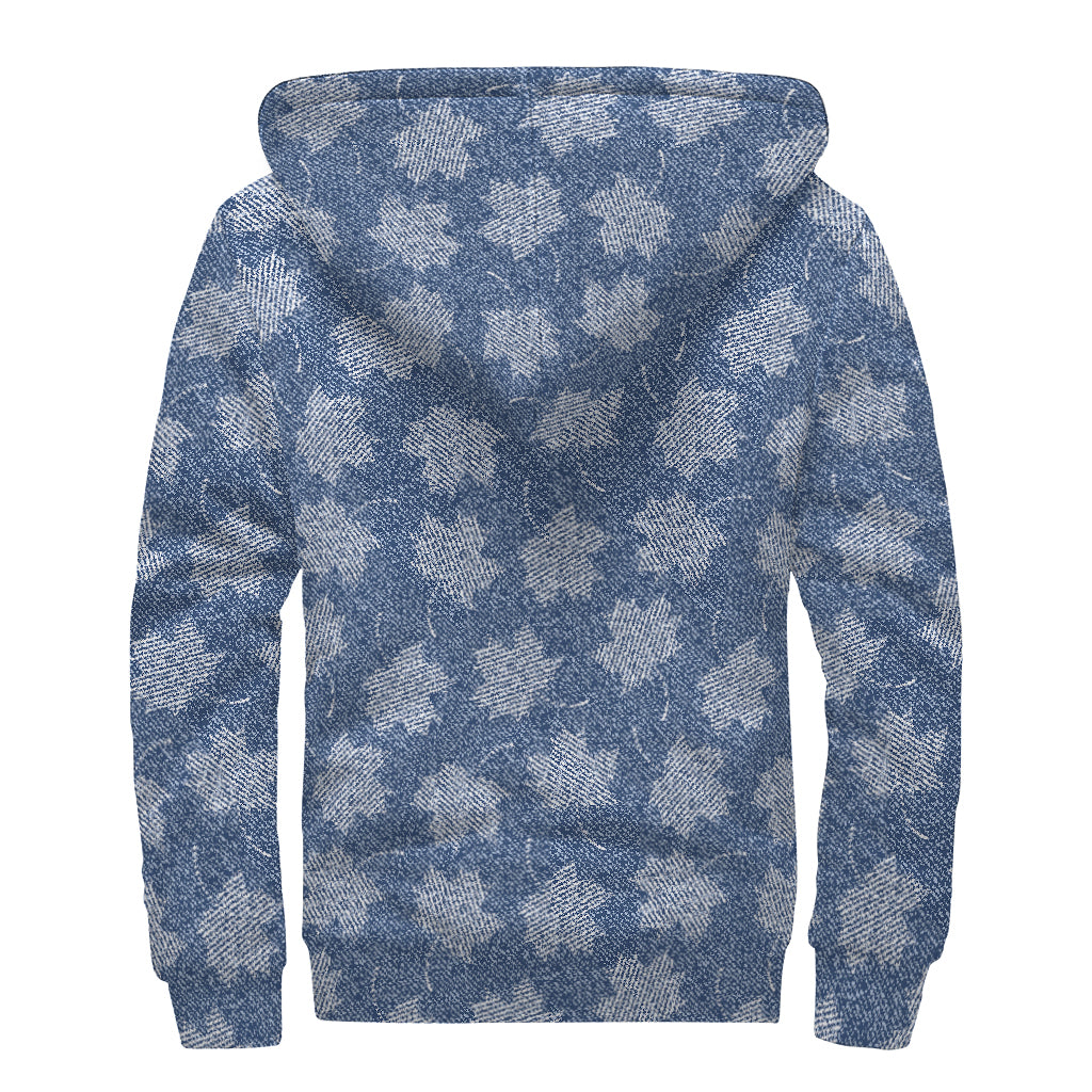 Maple Leaf Denim Jeans Pattern Print Sherpa Lined Zip Up Hoodie