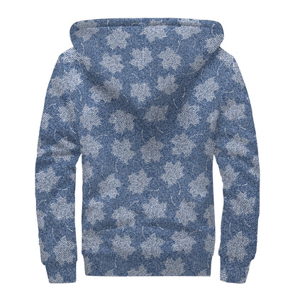 Maple Leaf Denim Jeans Pattern Print Sherpa Lined Zip Up Hoodie