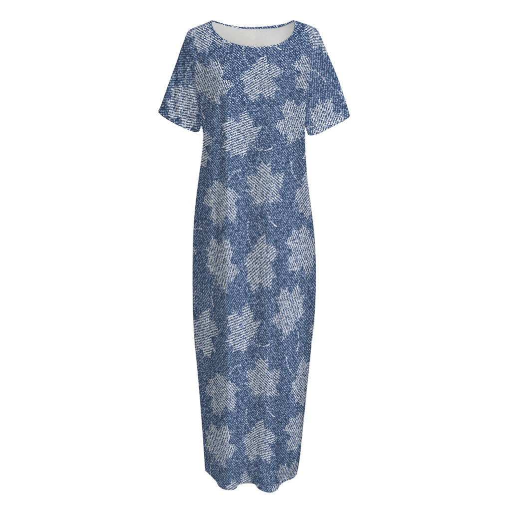 Maple Leaf Denim Jeans Pattern Print Short Sleeve Long Nightdress