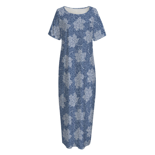 Maple Leaf Denim Jeans Pattern Print Short Sleeve Long Nightdress