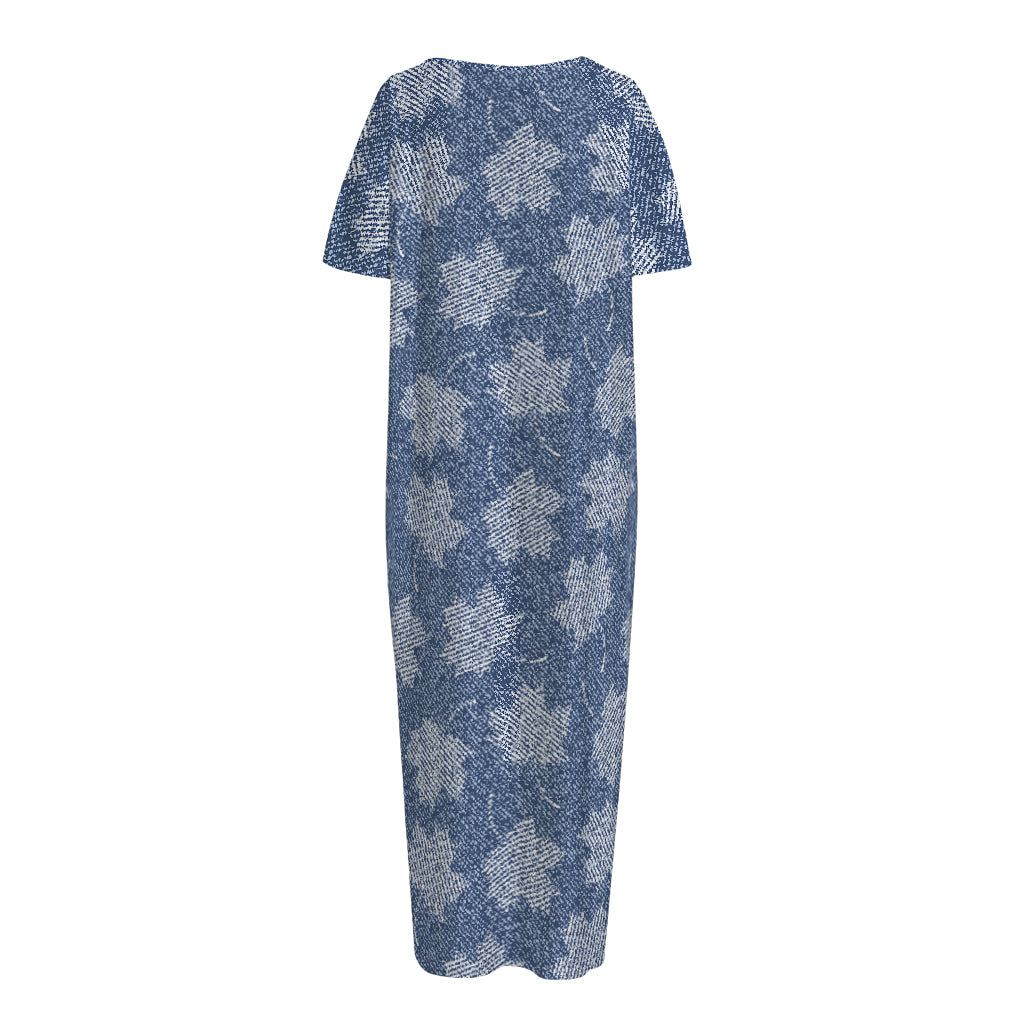Maple Leaf Denim Jeans Pattern Print Short Sleeve Long Nightdress