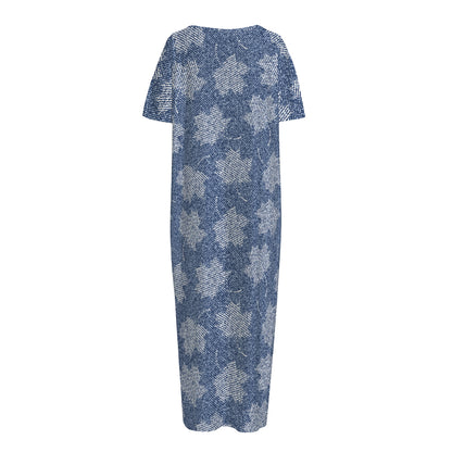 Maple Leaf Denim Jeans Pattern Print Short Sleeve Long Nightdress