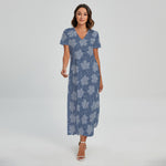 Maple Leaf Denim Jeans Pattern Print Short Sleeve Maxi Dress