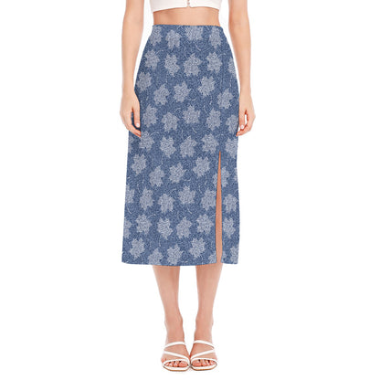 Maple Leaf Denim Jeans Pattern Print Side Slit Midi Skirt