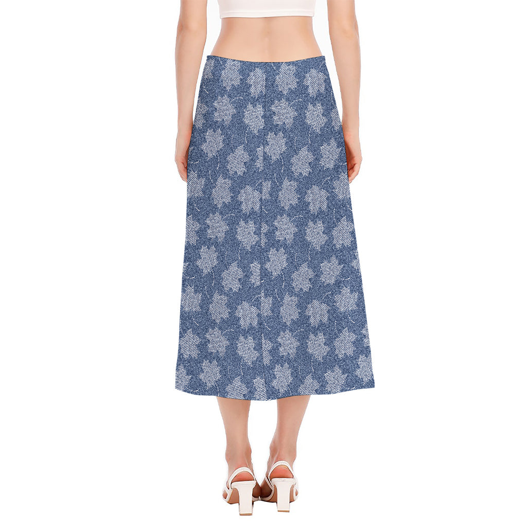 Maple Leaf Denim Jeans Pattern Print Side Slit Midi Skirt