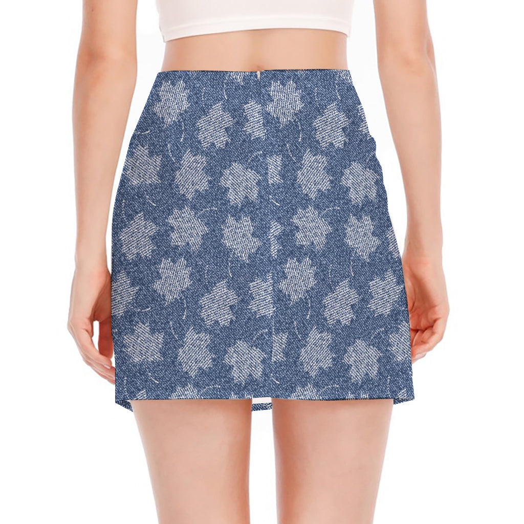 Maple Leaf Denim Jeans Pattern Print Side Slit Mini Skirt