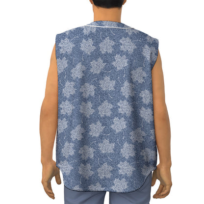 Maple Leaf Denim Jeans Pattern Print Sleeveless Baseball Jersey