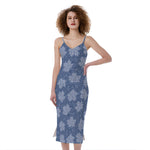 Maple Leaf Denim Jeans Pattern Print Slim Fit Midi Cami Dress