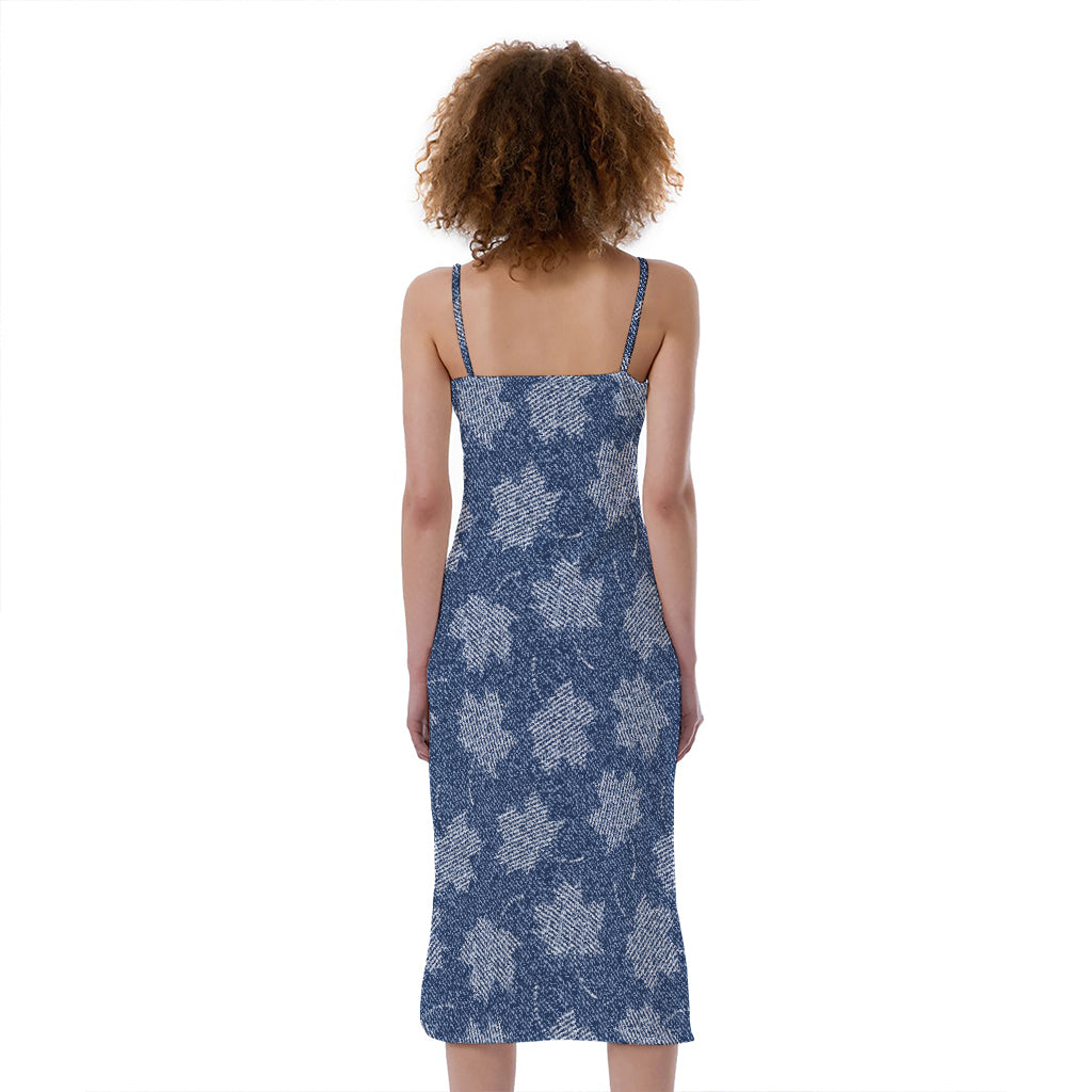Maple Leaf Denim Jeans Pattern Print Slim Fit Midi Cami Dress