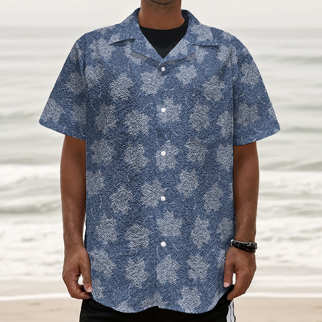 Maple Leaf Denim Jeans Pattern Print Textured Short Sleeve Shirt