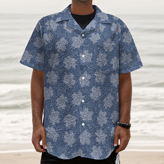 Maple Leaf Denim Jeans Pattern Print Textured Short Sleeve Shirt