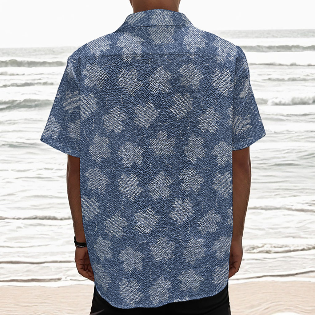 Maple Leaf Denim Jeans Pattern Print Textured Short Sleeve Shirt