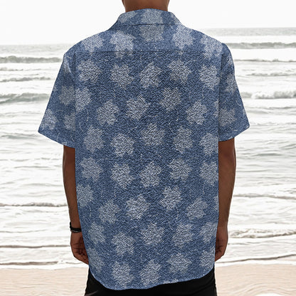 Maple Leaf Denim Jeans Pattern Print Textured Short Sleeve Shirt
