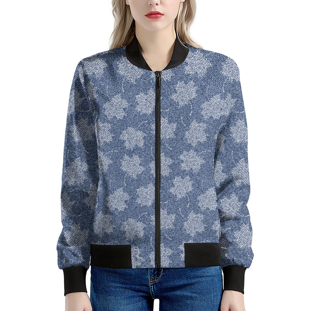 Maple Leaf Denim Jeans Pattern Print Women's Bomber Jacket