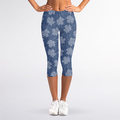 Maple Leaf Denim Jeans Pattern Print Women's Capri Leggings
