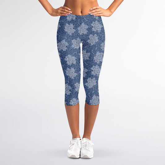 Maple Leaf Denim Jeans Pattern Print Women's Capri Leggings