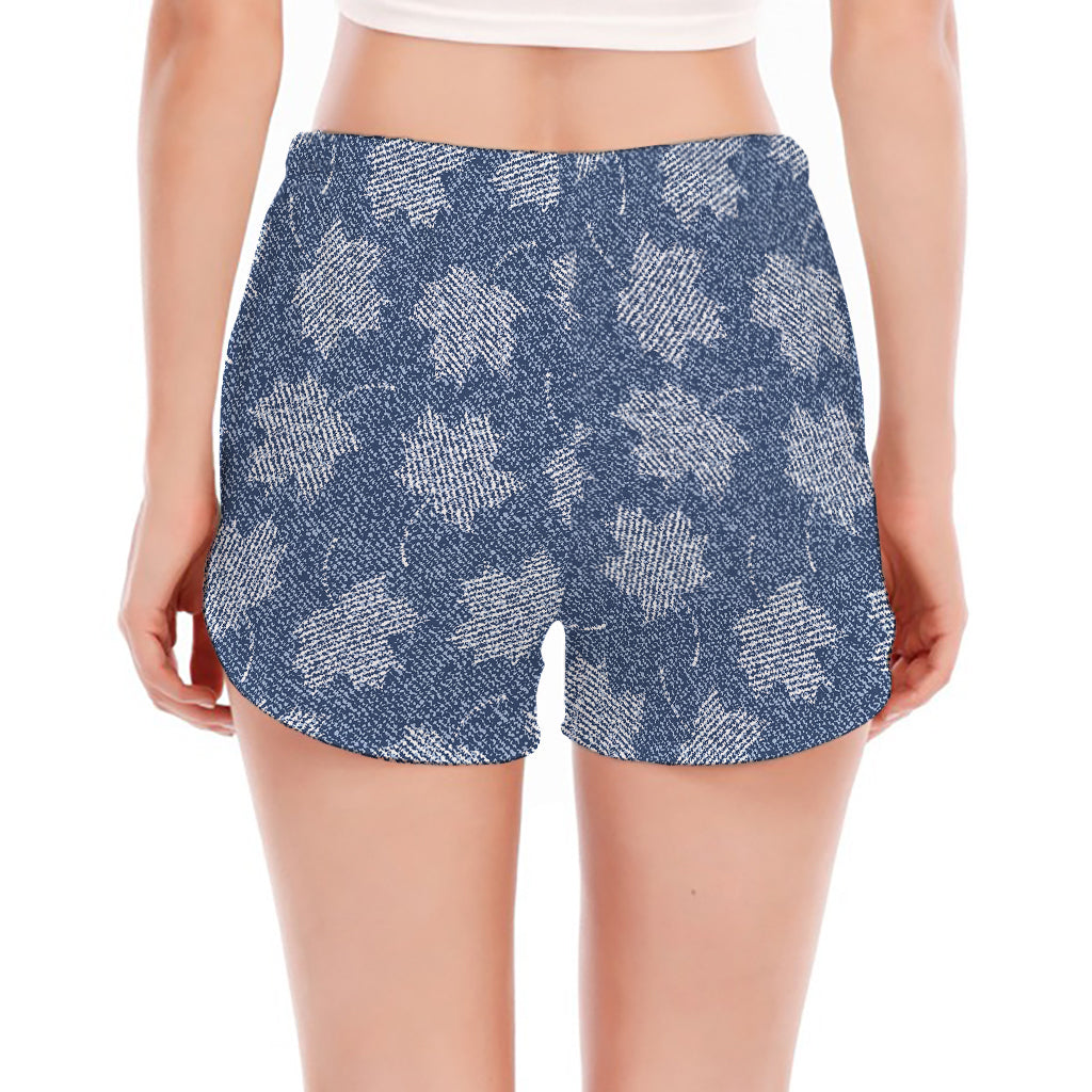 Maple Leaf Denim Jeans Pattern Print Women's Split Running Shorts
