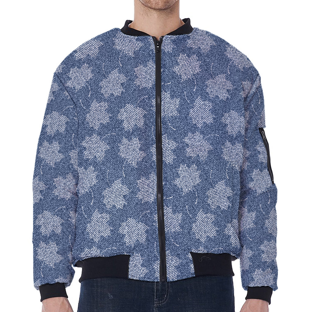 Maple Leaf Denim Jeans Pattern Print Zip Sleeve Bomber Jacket