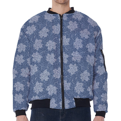 Maple Leaf Denim Jeans Pattern Print Zip Sleeve Bomber Jacket