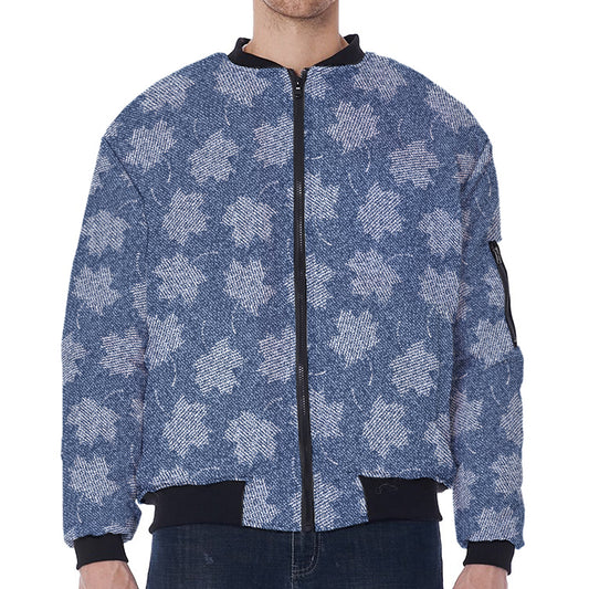 Maple Leaf Denim Jeans Pattern Print Zip Sleeve Bomber Jacket